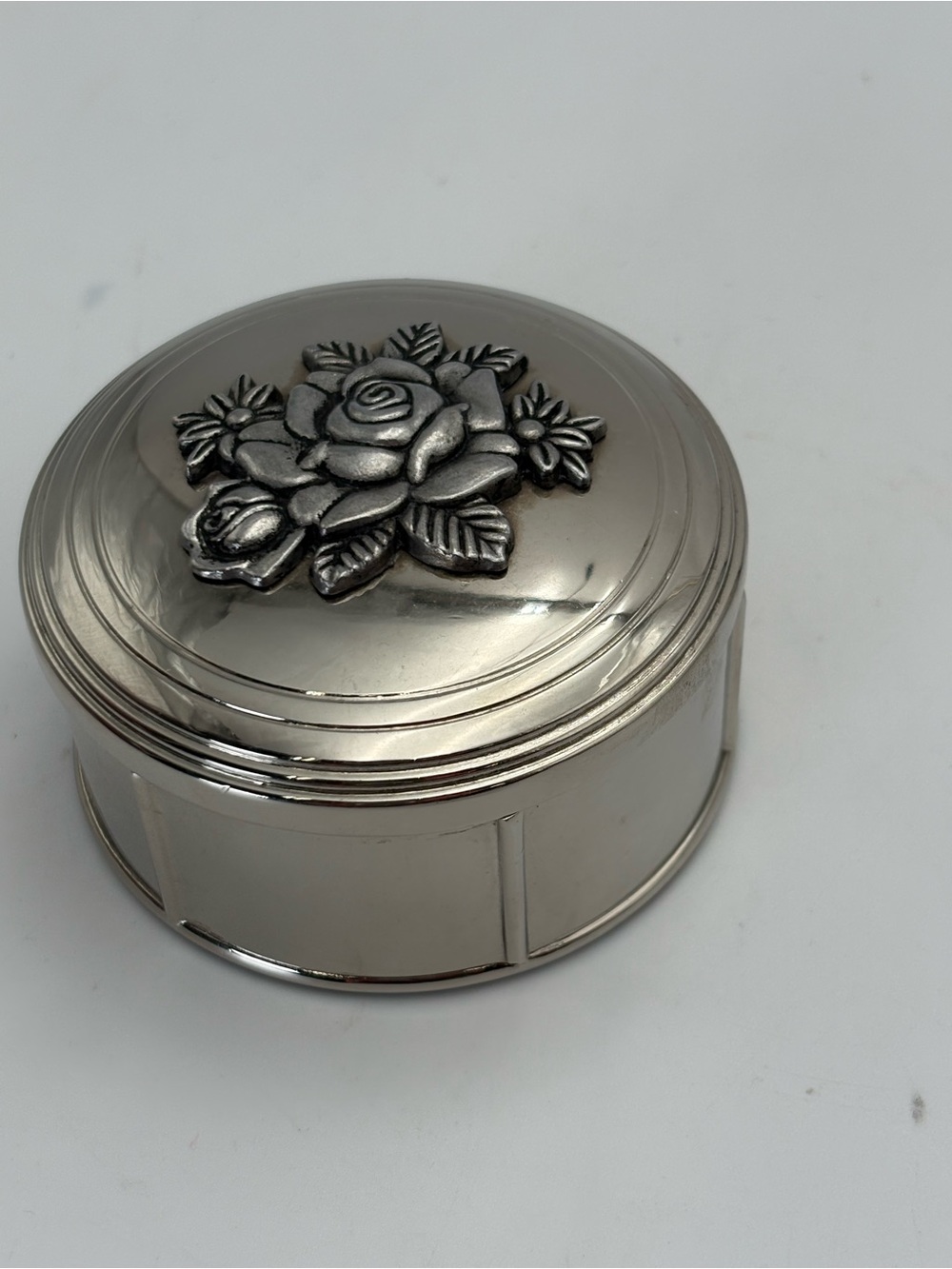 Vintage Silver-Plated Floral Round Box - Silver Rose Accent - Picture 3 of 11